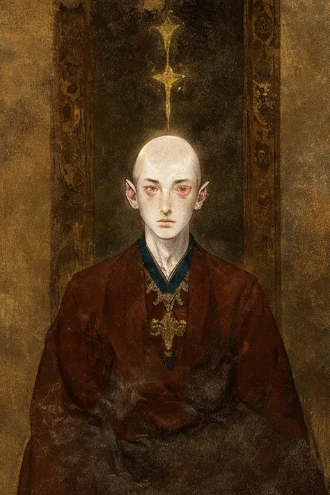 mysterious, fantasy, 1 monk with giant rosary on his chest., beautiful eyes, bald head, sitting in meditation,halo in the back, ...