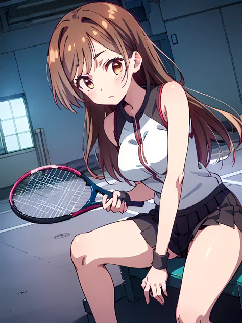 chizuru mizuhara, sitting, sportswear, holding a tennis racket with one hand, long brown hair, brown eyes, super cute