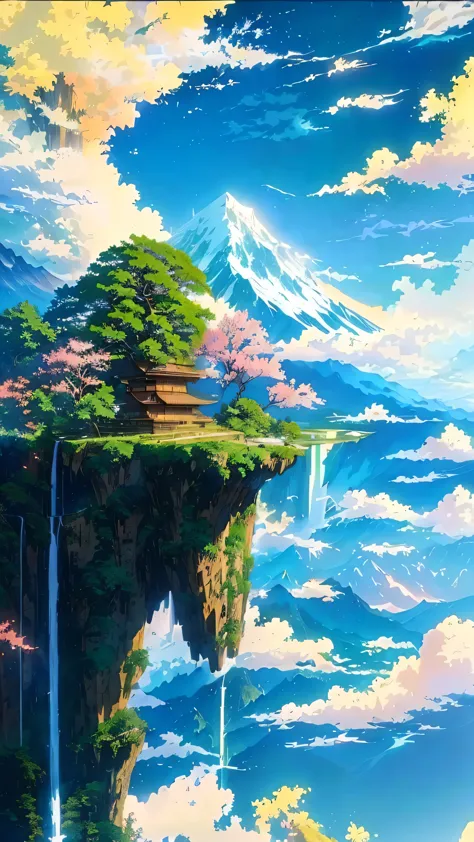 painting of a waterfall and a mountain with a waterfall in the foreground, anime landscape, anime landscape wallpaper, anime nat...
