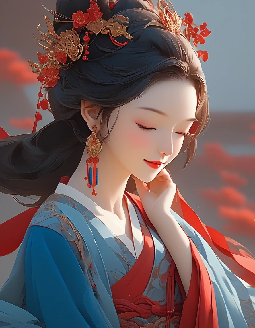 in style of Hayv Kahraman , character concept design, half body ，digital art of A close-up of a smiling woman wearing red and klein blue dress with her eyes closed, background: blue, exquisite digital illustration, palace, girl in hanfu, hot on cgstation, beautiful rendering of tang dynasty, beautiful digital illustration, beautiful digital art, inspired by lanying, inspired by puhua, beautiful fantasy queen, amazing digital illustration, elegant digital art, a beautiful artistic illustration,a beautiful painting by Tan Yin,Lyrical Abstraction, Ethereal Fantasy, Laser-Cut,high detail,hyper quality,high resolution,16K,depth of field (dof),Waist Shot(WS),close up,Soft illumination,