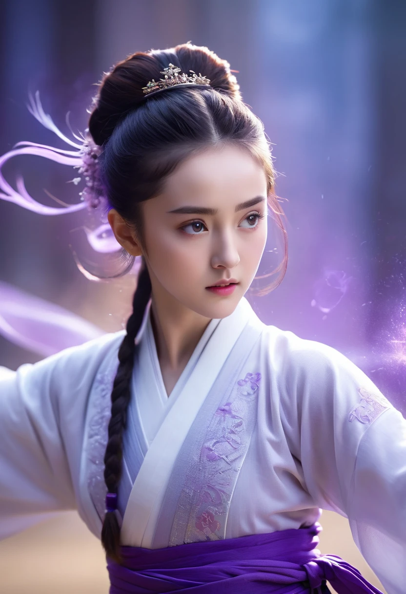 Ultra HD, épico, quadro estático cinematográfico, foco nitído, crie uma foto hiper-realista da garota Wuxia mais atraente e bonita (dilraba dilmurat), (rosto bonito)、(((1 juvenil，corpo inteiro lésbica，toupeira lacrimal:)))corpo inteiro lésbica，olhos afiados，características faciais claras，vestindo um hanfu de renda，roupão branco，brigando，Forte postura dinâmica，O corpo está cercado por uma névoa roxa，Runas cercam você，ação de artes marciais tai chi，realidade holográfica，halo holográfico，desfoque dinâmico，Efeitos de iluminação do jogo，luz de aro，luz suave，luz de aro cinematográfica，A luz é delicada, Explosão de Qi, 