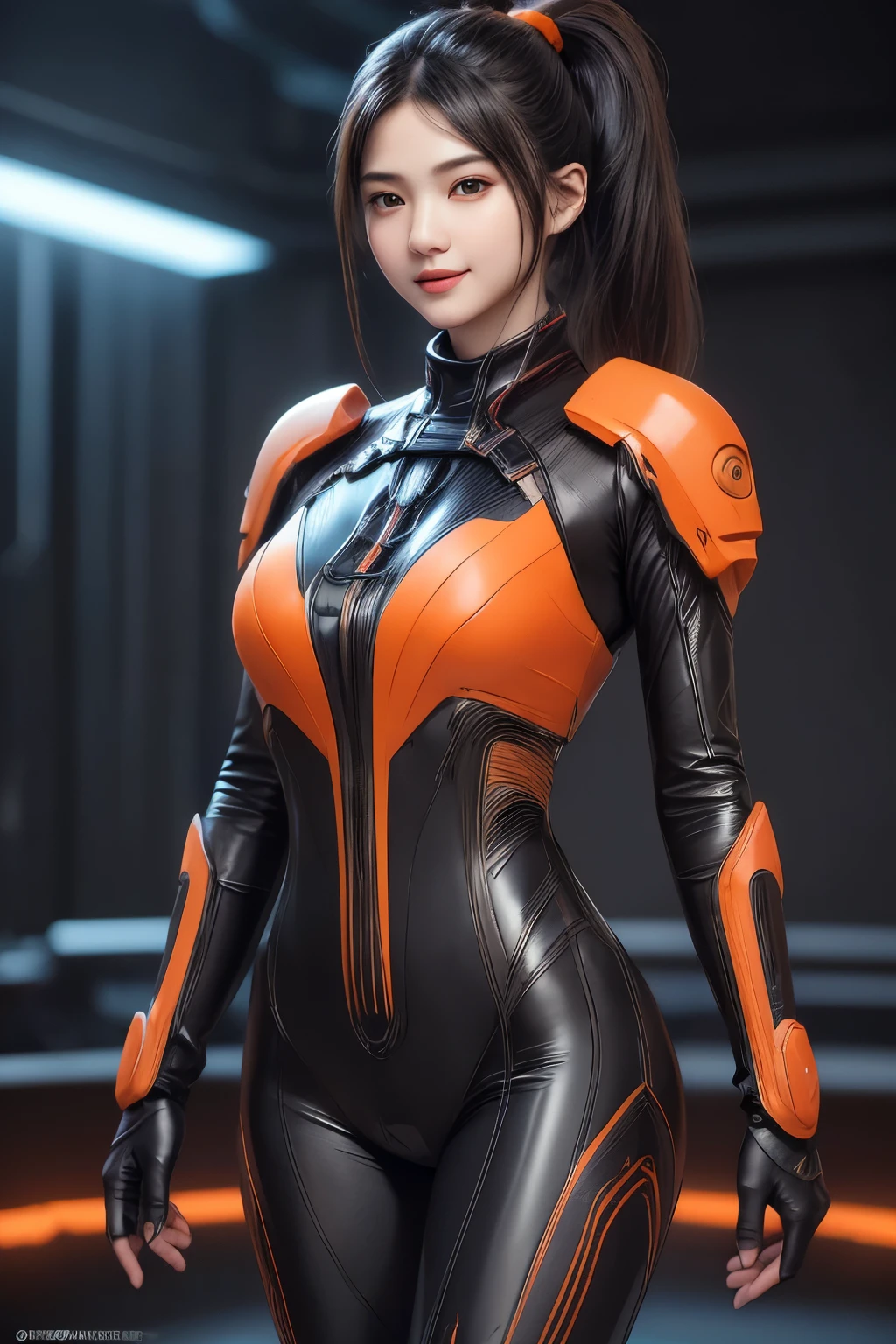 Top Quality, Masterpiece, Ultra High Resolution, (Photorealistic: 1.4), Raw Photo, 1 Girl, Black Hair, Glossy Skin, 1 Mechanical Girl, (((Ultra Realistic Details)), Portrait, Global Illumination, Shadows, Octane Rendering, 8K, Ultra Sharp, Intricate Ornaments Details, she is wearing a Futuristic Gaming Headphone, nixie suga,  very intricate detail, realistic light, CGStation trend, brown eyes, glowing eyes, (matte black and glossy orange tight fabric suit with orange lining on her fabric suit) , Long hair, Ponytail hair, Half body shot, spaceship bridge background, dynamic pose, dynamic stand, close up, smiling