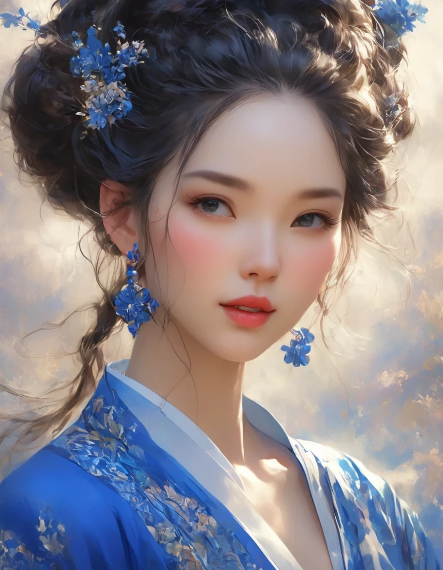 digital art of A close-up of a smiling woman wearing red and klein 藍色的 dress with her eyes closed, 背景: 藍色的, 精美的數位插畫, 宮, 穿漢服的女孩, CGSTATION 熱門, 唐朝精美渲染圖, 美麗的數位插圖, 美麗的數位藝術, 靈感來自蘭櫻, 靈感來自普華, 美麗的幻想女王, 令人驚嘆的數位插圖, 優雅的數位藝術, 一個美麗的藝術插圖,譚寅的一幅美麗的畫,抒情抽象, 空靈的幻想, 雷射切割,高細節,超品質,高解析度,16k,景深 (自由度),腰部射擊(WS),特寫,柔和的照明,