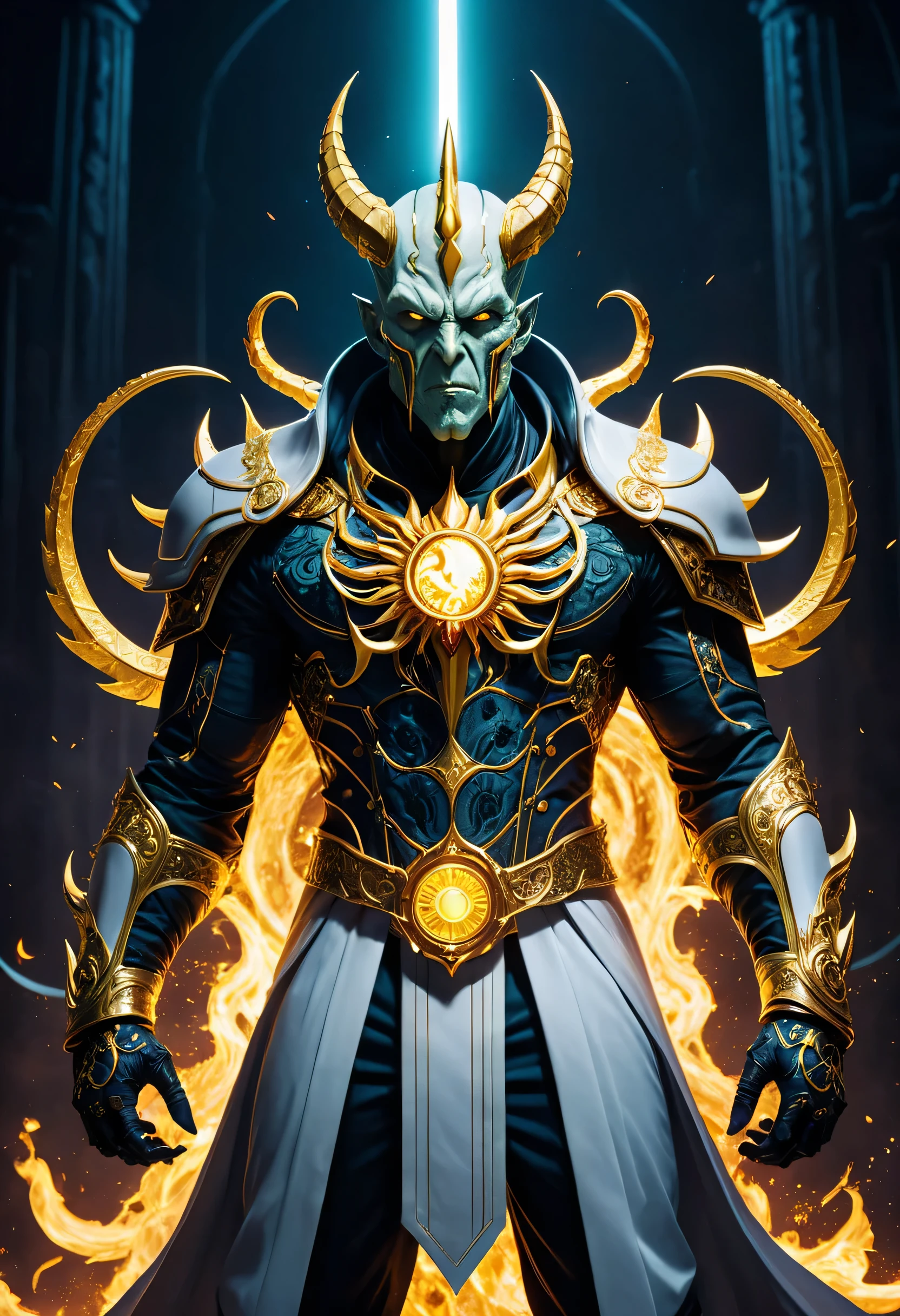 The Sun God Cthulhu is a solar deity themed version of the iconic hero, dressed in a white and gold outfit, his suit designed to show the power of the sun, embodying a fusion of a solar deity and super heroism. dark & explosive, in the style of white and gold, baroque-inspired details, Dynamic action pose. art style of Mike Delgado Jr. (((masterpiece, intricate details, athletic, megapixel, perfect light))), luxurious opulence, cinematic, photo, conceptual art, dark fantasy, in the style of nightcore,The background is a blend of cinematic darkness and fantasy elements, with a subtle hint of chaos. The overall composition is both visually captivating and conceptually intriguing., dark fantasy, photo, cinematic, conceptual art