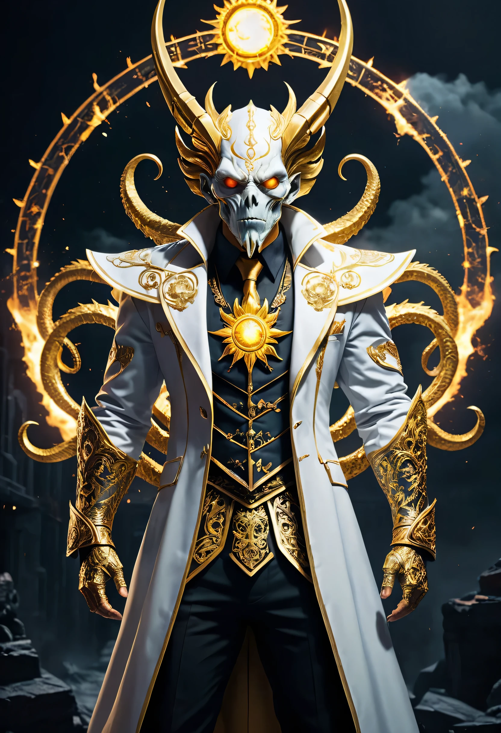 太陽神クトゥルフは象徴的な英雄の太陽神をテーマにしたバージョンです, 白と金の衣装に身を包んだ, 彼のスーツは太陽の力を示すためにデザインされた, 太陽神とスーパーヒーローの融合を体現する. 暗い & 爆発的な, 白と金のスタイル, バロック風のディテール, ダイナミックなアクションポーズ. マイク・デルガド・ジュニアのアートスタイル. (((傑作, 複雑なディテール, 運動能力, メガピクセル, 完璧な光))), 贅沢な贅沢, 映画のような, 写真, コンセプチュアルアート, 暗い fantasy, ナイトコア風,The background is a blend of 映画のような 暗いness and fantasy elements, 微妙な混沌を伴って. 全体的な構成は視覚的に魅力的であり、概念的にも興味深い。., 暗い fantasy, 写真, 映画のような, コンセプチュアルアート