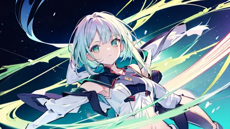 anime style,highest quality, masterpiece,green and white  hair,  iris,simple background,one girl, fluid movement,classic