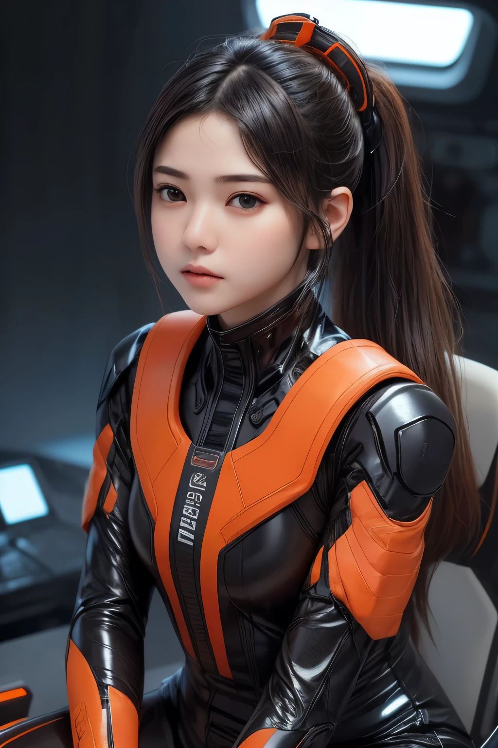 Top Quality, Masterpiece, Ultra High Resolution, (Photorealistic: 1.4), Raw Photo, 20years old, 1 Girl, Black Hair, Glossy Skin, 1 Mechanical Girl, (((Ultra Realistic Details)), Portrait, Global Illumination, Shadows, Octane Rendering, 8K, Ultra Sharp, Intricate Ornaments Details, she is wearing a Futuristic Gaming Headphone, nixie suga,  very intricate detail, realistic light, CGStation trend, brown eyes, glowing eyes, (matte black and glossy orange tight fabric suit with orange lining on her fabric suit) , Long hair, Ponytail hair, whole body shot, spaceship bridge background, dynamic pose, fixing her boots