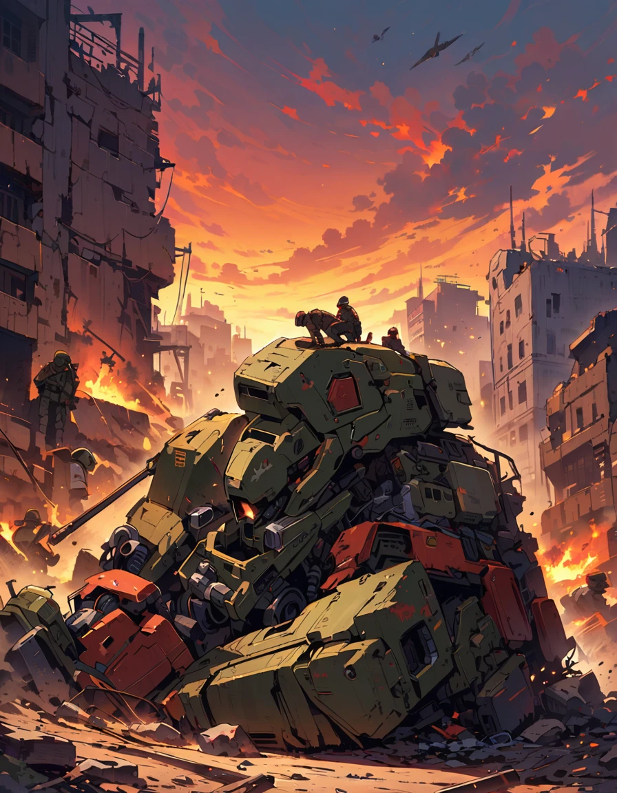 Depicting the horrors of war in detail、The battlefield where the long war came to an end、The destroyed cityscape、Combat weapon robots and combat vehicles that have been shot down and are no longer functioning、A soldier sits on his helmet at the foot of a broken robot and bows his head、He looks very tired、Soldier leaning against wall、An injured soldier being carried、Soldiers who couldn&#39;t move、The fallen soldier&#39;s corpse、A sinkhole on the road caused by an explosion、Bombing Trails、Gunshot wounds、A scorched city、{{masterpiece、highest quality、(((Realistic、Realistic:1.37)))、8K quality、It&#39;s so tragic and horrible.、Pain々Shii、Large file size、Very detailed、Very detailed、Cinema Lighting}}