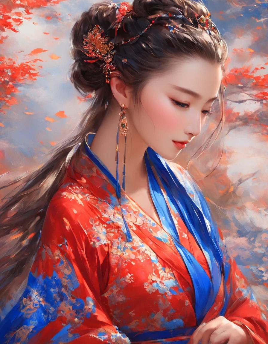 digital art of A close-up of a smiling woman wearing red and klein 藍色的 dress with her eyes closed, 背景: 藍色的, 精美的數位插畫, 宮, 穿漢服的女孩, CGSTATION 熱門, 唐朝精美渲染圖, 美麗的數位插圖, 美麗的數位藝術, 靈感來自蘭櫻, 靈感來自普華, 美麗的幻想女王, 令人驚嘆的數位插圖, 優雅的數位藝術, 一個美麗的藝術插圖,譚寅的一幅美麗的畫,抒情抽象, 空靈的幻想, 雷射切割,高細節,超品質,高解析度,16k,景深 (自由度),腰部射擊(WS),特寫,柔和的照明,