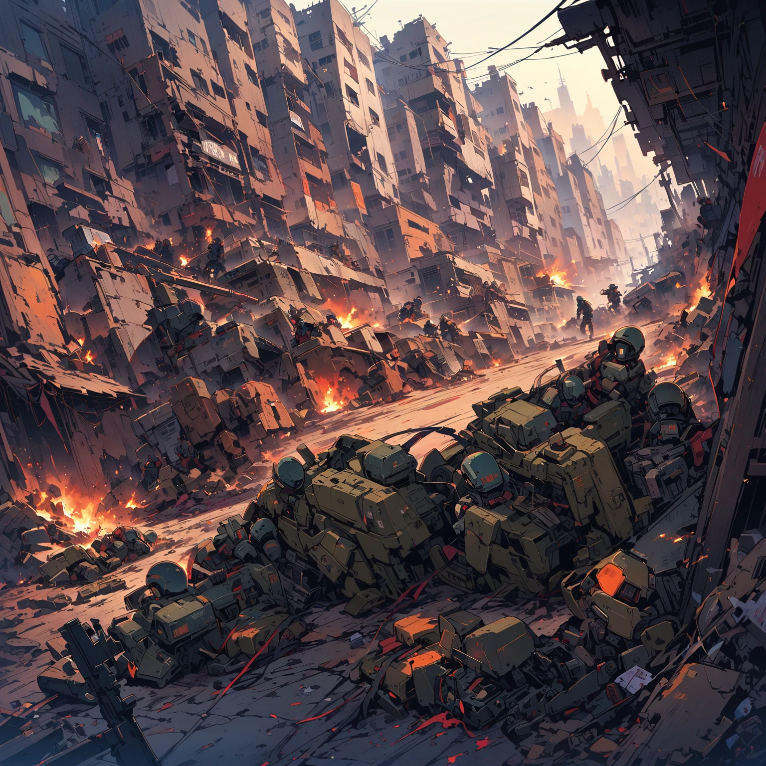 Depicting the horrors of war in detail、The battlefield where the long war came to an end、The destroyed cityscape、Combat weapon robots and combat vehicles that have been shot down and are no longer functioning、A soldier sits on his helmet at the foot of a broken robot and bows his head、He looks very tired、Soldier leaning against wall、An injured soldier being carried、Soldiers who couldn&#39;t move、The fallen soldier&#39;s corpse、A sinkhole on the road caused by an explosion、Bombing Trails、Gunshot wounds、A scorched city、{{masterpiece、highest quality、(((Realistic、Realistic:1.37)))、8K quality、It&#39;s so tragic and horrible.、Pain々Shii、Large file size、Very detailed、Very detailed、Cinema Lighting}}