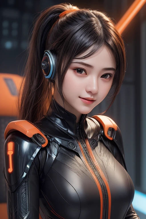 Top Quality, Masterpiece, Ultra High Resolution, (Photorealistic: 1.4), Raw Photo, 1 Girl, Black Hair, Glossy Skin, 1 Mechanical Girl, (((Ultra Realistic Details)), Portrait, Global Illumination, Shadows, Octane Rendering, 8K, Ultra Sharp, Intricate Ornaments Details, she is wearing a Futuristic Gaming Headphone, nixie suga,  very intricate detail, realistic light, CGStation trend, brown eyes, glowing eyes, (matte black and glossy orange tight fabric suit with glowing orange lines on her fabric suit) , Long hair, Ponytail hair, Half body shot, spaceship bridge background, dynamic pose, dynamic stand, close up, smiling