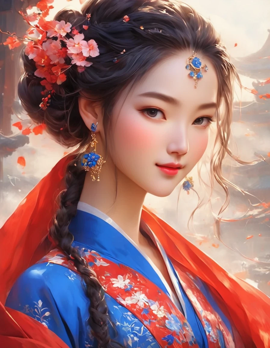 digital art of A close-up of a smiling woman wearing red and klein สีฟ้า dress with her eyes closed, พื้นหลัง: สีฟ้า, ภาพประกอบดิจิตอลที่สวยงาม, พระราชวัง, หญิงสาวในชุดฮันฟู, ร้อนแรงบน cgstation, ภาพเรนเดอร์ที่สวยงามของราชวงศ์ถัง, ภาพประกอบดิจิตอลที่สวยงาม, ศิลปะดิจิทัลที่สวยงาม, แรงบันดาลใจจากหลานหยิง, แรงบันดาลใจจากผู่ฮวา, ราชินีแฟนตาซีที่สวยงาม, ภาพประกอบดิจิตอลที่น่าทึ่ง, ศิลปะดิจิทัลที่หรูหรา, ภาพประกอบทางศิลปะที่สวยงาม,ภาพวาดที่สวยงามของตันหยิน,นามธรรมที่เป็นโคลงสั้น ๆ, แฟนตาซีไม่มีตัวตน, เลเซอร์ตัด,รายละเอียดสูง,คุณภาพเกินจริง,ความละเอียดสูง,16ก,ความชัดลึก (กรมประมง),ยิงเอว(วส),ใกล้ชิด,ไฟส่องสว่างที่นุ่มนวล,