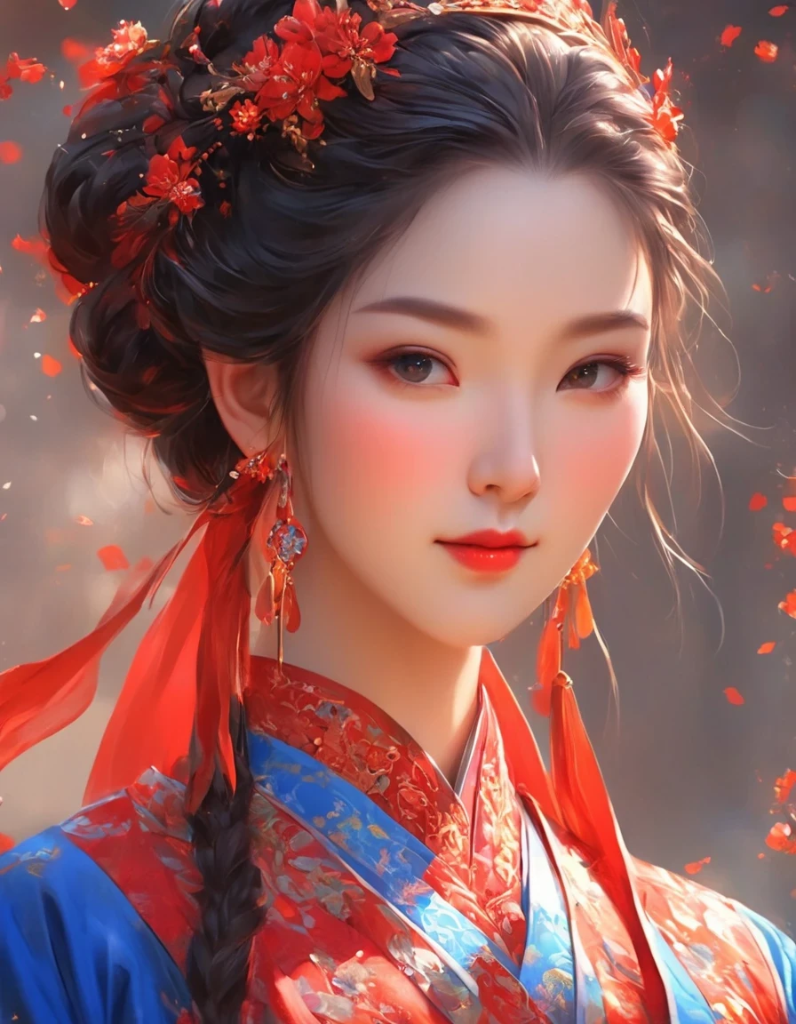 digital art of A close-up of a smiling woman wearing red and klein 藍色的 dress with her eyes closed, 背景: 藍色的, 精美的數位插畫, 宮, 穿漢服的女孩, CGSTATION 熱門, 唐朝精美渲染圖, 美麗的數位插圖, 美麗的數位藝術, 靈感來自蘭櫻, 靈感來自普華, 美麗的幻想女王, 令人驚嘆的數位插圖, 優雅的數位藝術, 一個美麗的藝術插圖,譚寅的一幅美麗的畫,抒情抽象, 空靈的幻想, 雷射切割,高細節,超品質,高解析度,16k,景深 (自由度),腰部射擊(WS),特寫,柔和的照明,