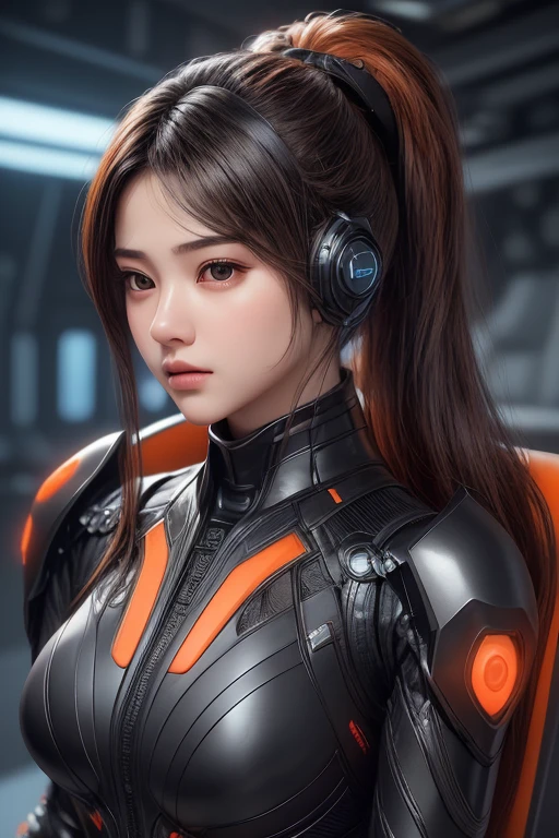 Top Quality, Masterpiece, Ultra High Resolution, (Photorealistic: 1.4), Raw Photo, 20years old, 1 Girl, Black Hair, Glossy Skin, 1 Mechanical Girl, (((Ultra Realistic Details)), Portrait, Global Illumination, Shadows, Octane Rendering, 8K, Ultra Sharp, Intricate Ornaments Details, she is wearing a Futuristic Gaming Headphone, nixie suga,  very intricate detail, realistic light, CGStation trend, brown eyes, glowing eyes, (matte black and glossy orange tight fabric suit with orange lining on her fabric suit) , Long hair, Ponytail hair, whole body shot, spaceship bridge background, dynamic pose, dynamic stand