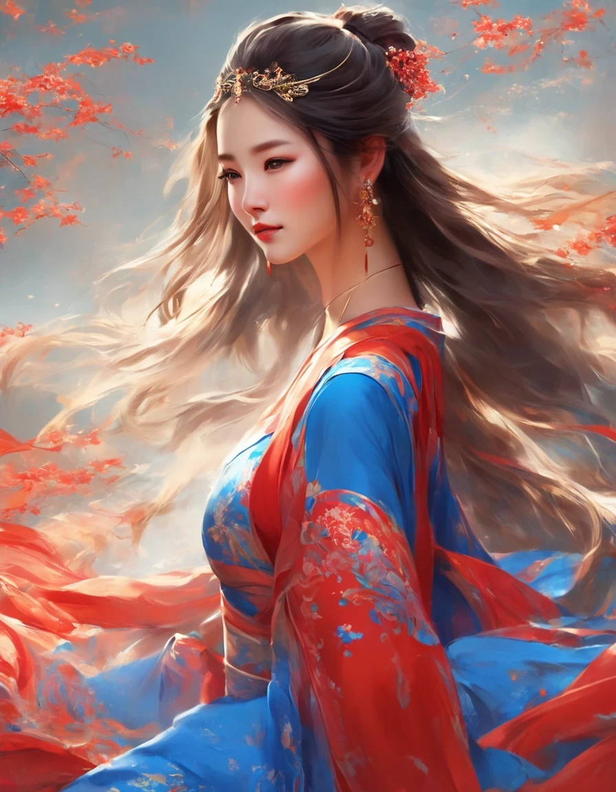 珍妮特·艾切爾曼的風格 , 角色概念設計, 半身，digital art of A close-up of a smiling woman wearing red and klein 藍色的 dress with her eyes closed, 背景: 藍色的, 精美的數位插畫, 宮, 穿漢服的女孩, CGSTATION 熱門, 唐朝精美渲染圖, 美麗的數位插圖, 美麗的數位藝術, 靈感來自蘭櫻, 靈感來自普華, 美麗的幻想女王, 令人驚嘆的數位插圖, 優雅的數位藝術, 一個美麗的藝術插圖,譚寅的一幅美麗的畫,抒情抽象, 空靈的幻想, 雷射切割,高細節,超品質,高解析度,16k,景深 (自由度),腰部射擊(WS),特寫,柔和的照明,