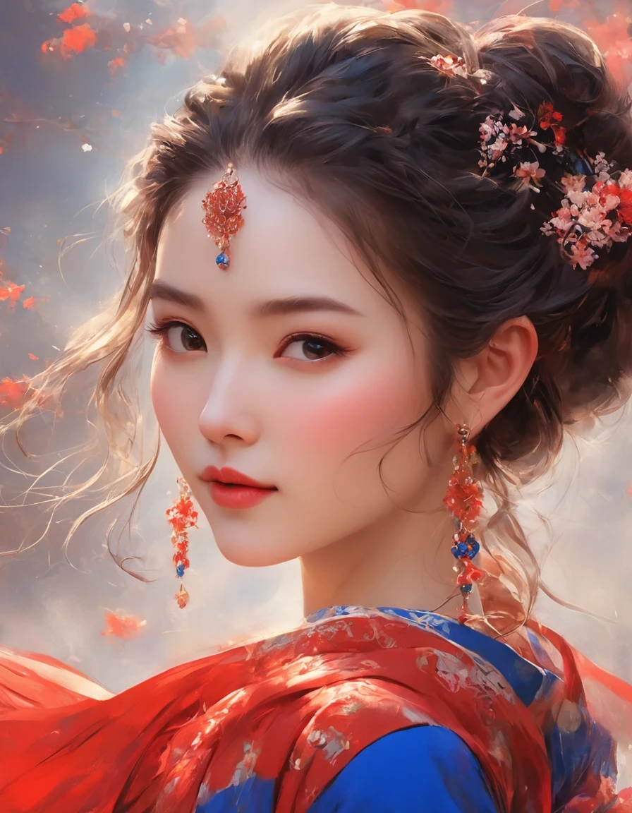 digital art of A close-up of a smiling woman wearing red and klein 藍色的 dress with her eyes closed, 背景: 藍色的, 精美的數位插畫, 宮, 穿漢服的女孩, CGSTATION 熱門, 唐朝精美渲染圖, 美麗的數位插圖, 美麗的數位藝術, 靈感來自蘭櫻, 靈感來自普華, 美麗的幻想女王, 令人驚嘆的數位插圖, 優雅的數位藝術, 一個美麗的藝術插圖,譚寅的一幅美麗的畫,抒情抽象, 空靈的幻想, 雷射切割,高細節,超品質,高解析度,16k,景深 (自由度),腰部射擊(WS),特寫,柔和的照明,