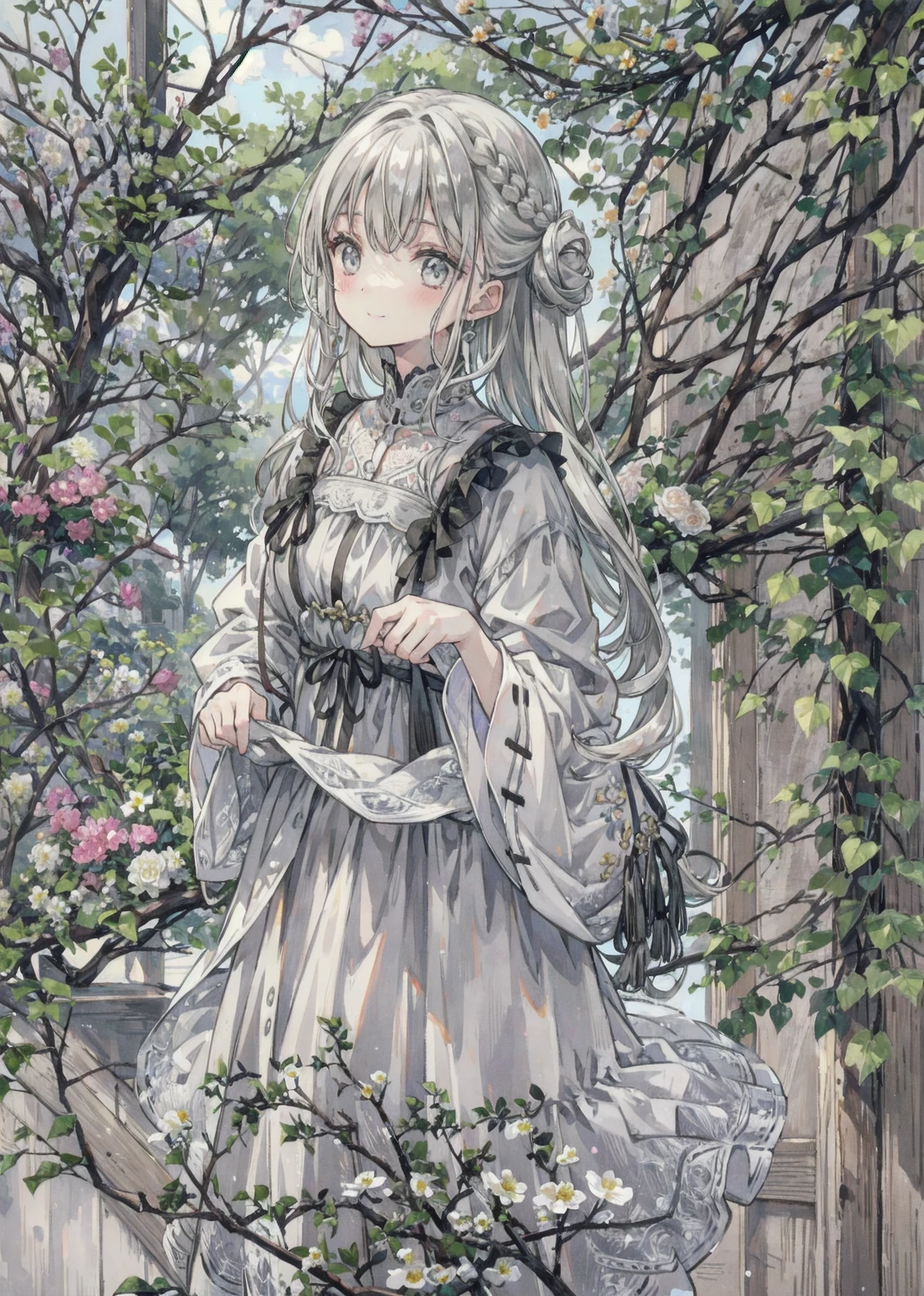 natural lighting, gentle smile, upturned cheeks, slightly shining silver gray hair, coquettish hair, half up do, silky luster, plants, flowers, spring ephemerals,