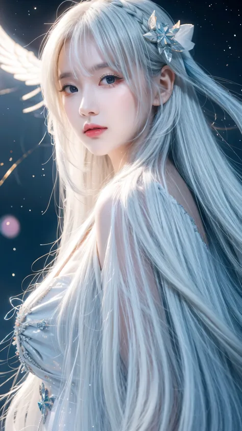 anime girl with long white hair and a Star in her hair, White-haired deity, Anime girl with cosmic long hair, Star(Sky) Starry_S...