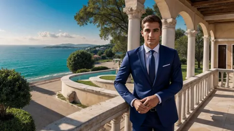 a young man who is the resurrection of the roman emperor constantine the great. modern luxury suit. he is a shrewd businessman. ...