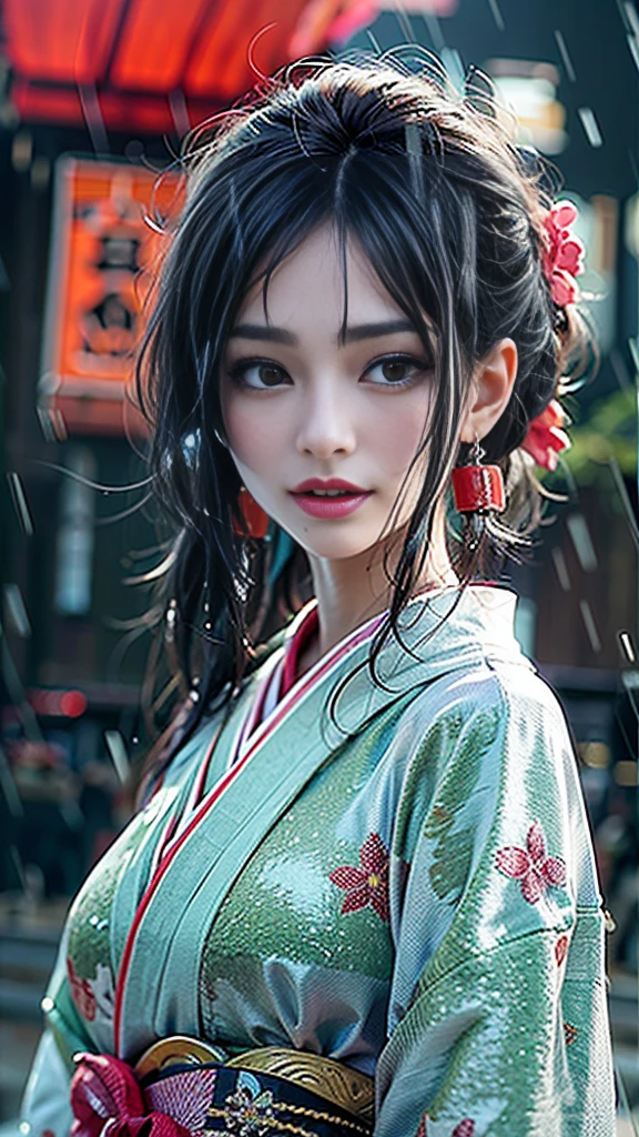 (Realistic:1.3, 16k, highest quality, masterpiece, Ultra-high resolution), ((snow, From below)), Perfect dynamic composition:1.2, (Shrine at night in a modern city, Expressions of sadness:0.9, Low angle shooting:0.9), Highly detailed skin and facial textures:1.2, Young woman getting wet in the rain, Fair skin, Sexy beauty, Incredibly slim body, beautifully、beautiful, Very beautiful face, Water droplets on the skin, (The rain drips down on my body, Wet body, Wet Hair), (Professional kimono dressing:1.0, Holding a bouquet of wet lilies, Wearing a wet silver kimono), (Shapely breasts, Chest gap), (Big eyes that exude beautiful eroticism:0.7, Lips that exude beautiful eroticism:0.7), necklace, Earrings, bracelet, wedding ring, Highly detailed and accurate hand and finger representation