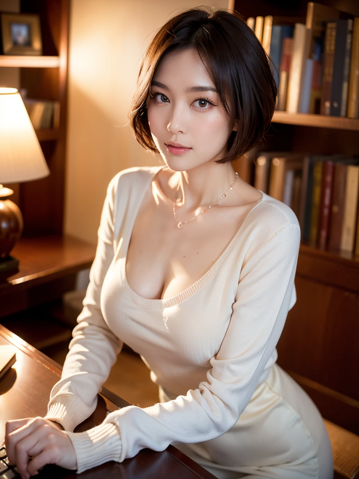 (highest quality, 8k, 32k, masterpiece, Ultra-high resolution:1.2),Beautiful Japanese Women Photos, （D cup breasts:1.4), Very short bob hair,Upper Body,Face Focus,（Light grey sweater：1.2）,（Pearl Necklace:1.4), （A large library bookshelf in the background:1.3), From above, View audience,