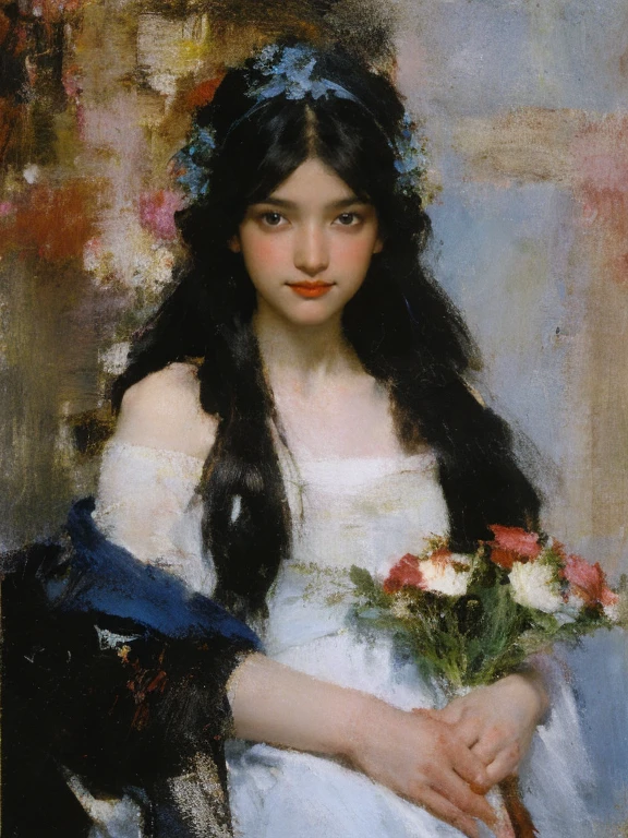 肖像画,1人の女の子,12歳,一人で,白いドレス,花束を持って,非常に長い髪,青い花,黒髪,赤いバラ,グラデーション背景, 暗い背景, 染色,油絵,生地