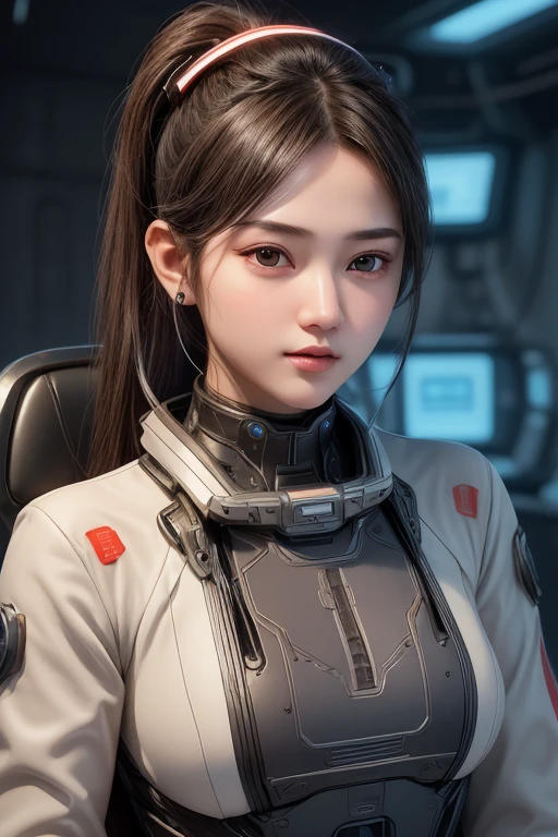 Top Quality, Masterpiece, Ultra High Resolution, (Photorealistic: 1.4), Raw Photo, 20years old, 1 Girl, Black Hair, Glossy Skin, 1 Mechanical Girl, (((Ultra Realistic Details)), Portrait, Global Illumination, Shadows, Octane Rendering, 8K, Ultra Sharp, Intricate Ornaments Details, she is wearing a Futuristic Gaming Headphone, nixie suga,  very intricate detail, realistic light, CGStation trend, brown eyes, glowing eyes, nurse uniform , Long hair, Ponytail hair, whole body shot, spaceship bridge background, dynamic pose, dynamic stand