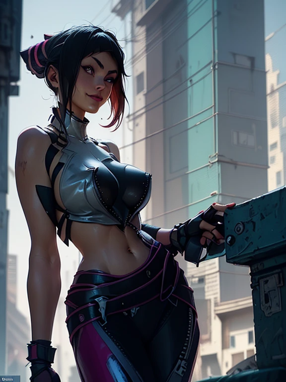 Full Shot, Long Shot: 1.4, Unreal Engine: 1.4, Ultra Realistic, Photorealistic CG K: 1.4, Skin Texture: 1.4, Masterpiece: 1.4, ((Beautiful cyberpunk style woman, beautiful smile: 1.5) ), Modern van in a side: 1.7, long hair, cyberpunk clothing, 32k.