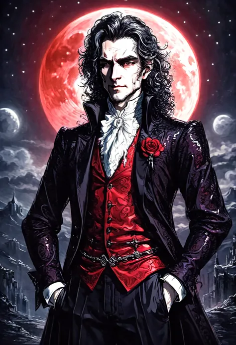 pale skin handsome man, wearing beautiful elegant black_red suit, dark_fantasy, curly long hair, red moon, pixiv, vampire, elega...