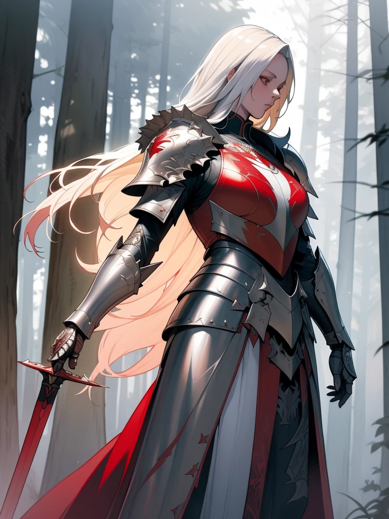 Long-haired albino female knight, wearing red hood, Heavily armored, Wielding a long sword. (highest quality, Very detailed, Realistic:1.37), Vibrant colors, Sharp focus. A knight stands in a misty forest, wood々Sunlight shining through, Create dramatic lighting effects. The knight&#39;s armour is intricately carved、It is polished to a glossy finish。, Highlight the level of detail. The forest is rich in many different shades of green., Bright flowers are scattered on the ground. The knight&#39;s red hood contrasts beautifully with the surrounding nature., Add an element of mystery and intrigue.