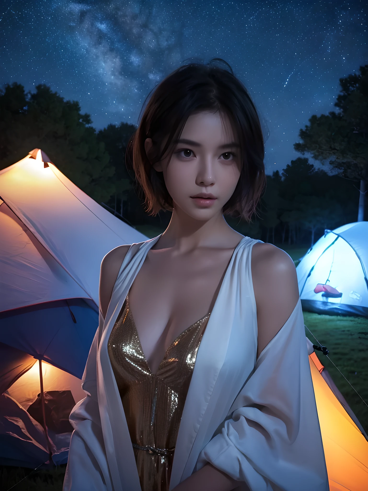 best qualtiy, tmasterpiece, Ultra-high resolution,（realisticlying:1.6), RAW photograph, 1girl, mid body, in the darkness nigth, deep shading， low tune, cold light, looking to the camera, Sexy look, short detailed hair, outdoor at night, starlight sky background, camping tent,

