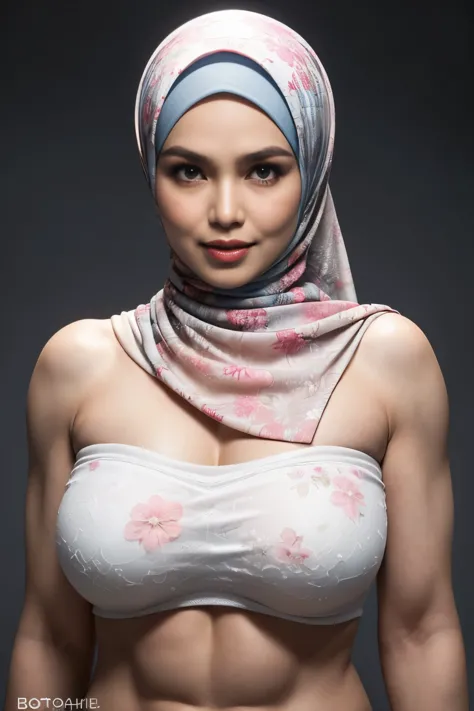 Wear big pants, Transparent, ((SHORT HIJAB)), ((Gigantic tits:1)), (dynamic photograph of a 58 year old Indonesian woman), (slim...