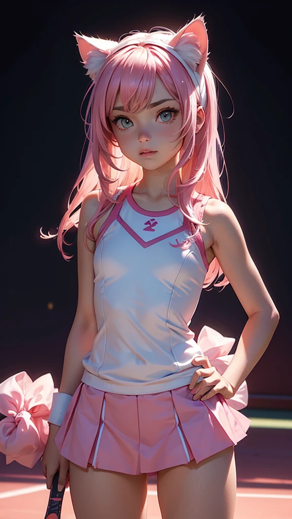 (high resolution, upper body, soft skin:1.2),(best illustration,masterpiece:1.2),ultra-detailed,[(cat ears ,pink inside:1.2),vivid colors,sharp focus,portrait,studio lighting,bokeh, wearing a tennis uniform, tennis courts background, dusk, full body portrait, hands on hips 