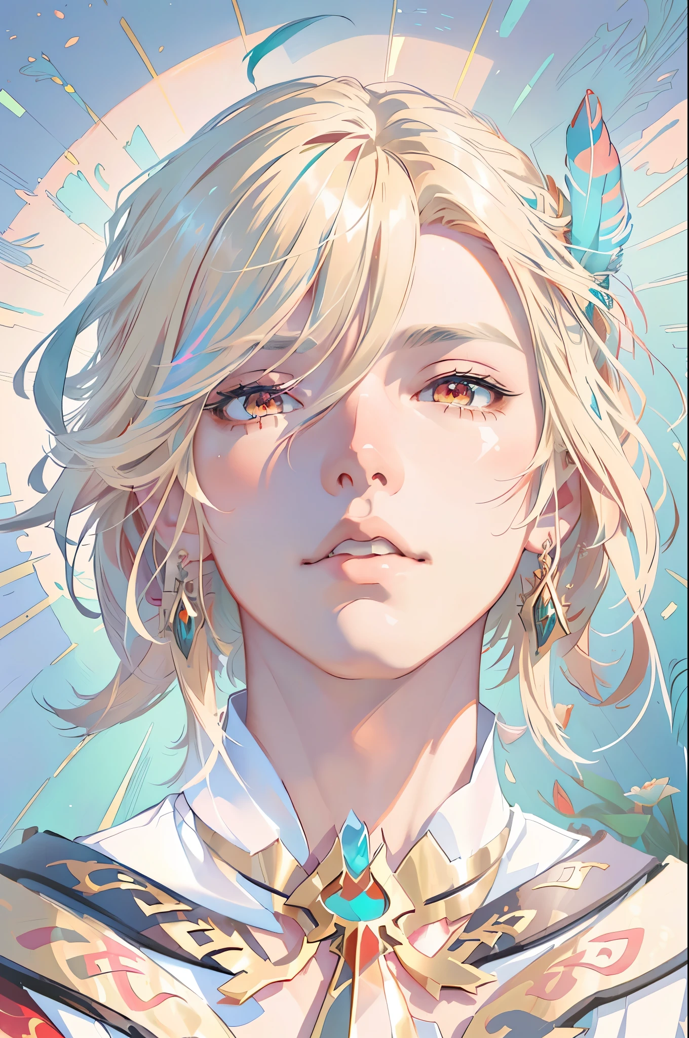 1 young male portrait, blond hair, red eyes, blue feather hair ornament, iridescent light, sun rays, flowers around the face, serenity, artwork in the style of guweiz, guweiz, inspired by Yanjun Cheng, digital anime illustration, ethereal flowerpunk, exquisite digital illustration, digital anime art, detailed digital anime art, stunning anime face portrait, beautiful anime portrait, anime styled digital art, rossdraws 1. 0, (((looking up)))