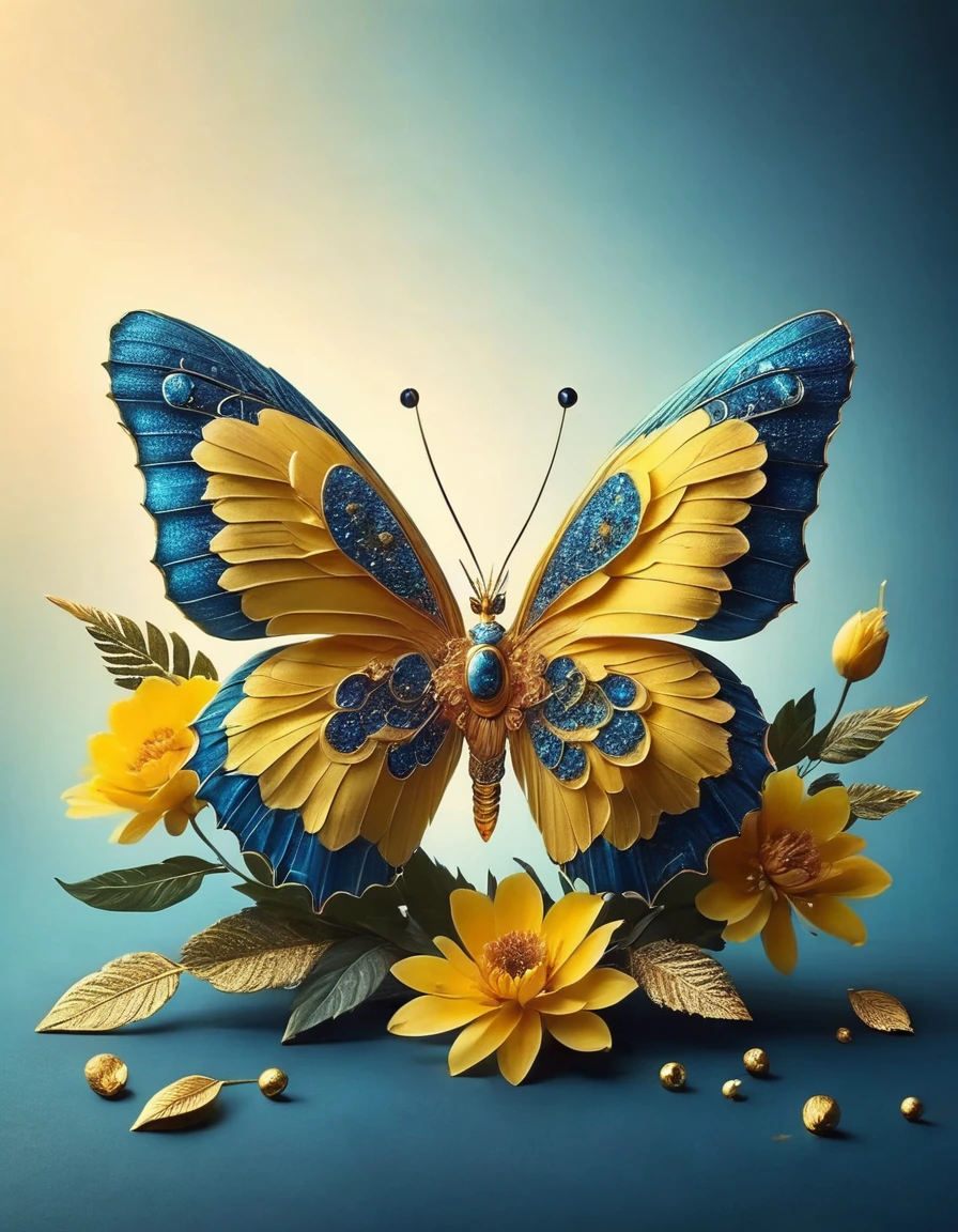 The clock on the laptop screen is ticking，hyper-realistic illustration，Splash of Color，blue butterfly，Speed and movement style，The background is displayed in white
