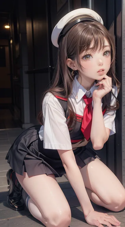 Beautiful young girl, short uniform skirt, winking, seductive,kneeling, mouth open, saliva falling from mouth