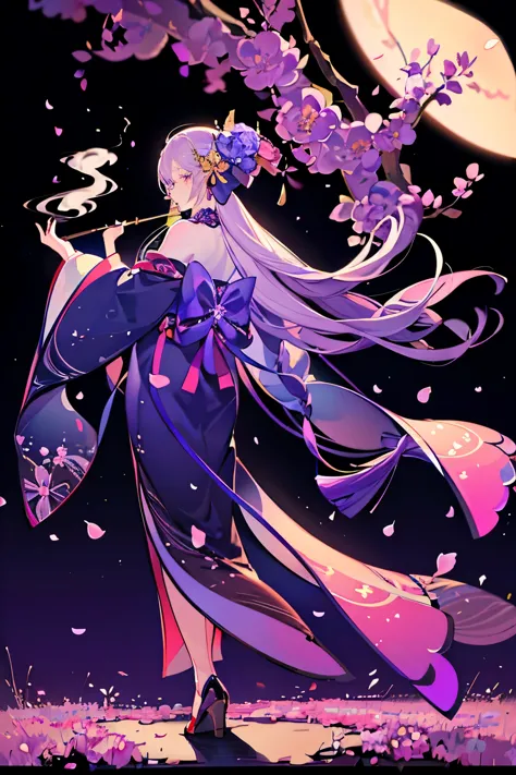 masterpiece,highest quality,Wisteria flowers are blooming,Beautiful woman in kimono standing,The moon shines beautifully,Beautif...