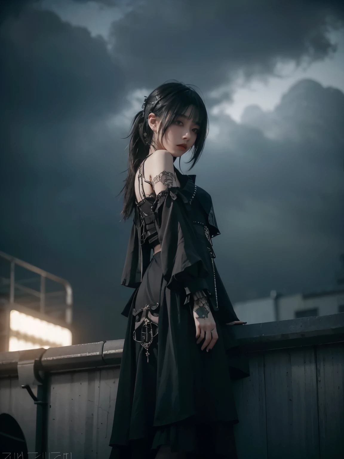 from below, minimum, harmony, tranquility, aesthetic, grey sky, cloudy sky, in Rooftop, obscure light and shadow, 1 girl, 24-years-old, slender, floating Medium Hair, bangs, (Gothic_Punk:1.2), masterpiece, best quality, RAW Photos, sigma 50mm f1.4, candytt, Detailed costume,