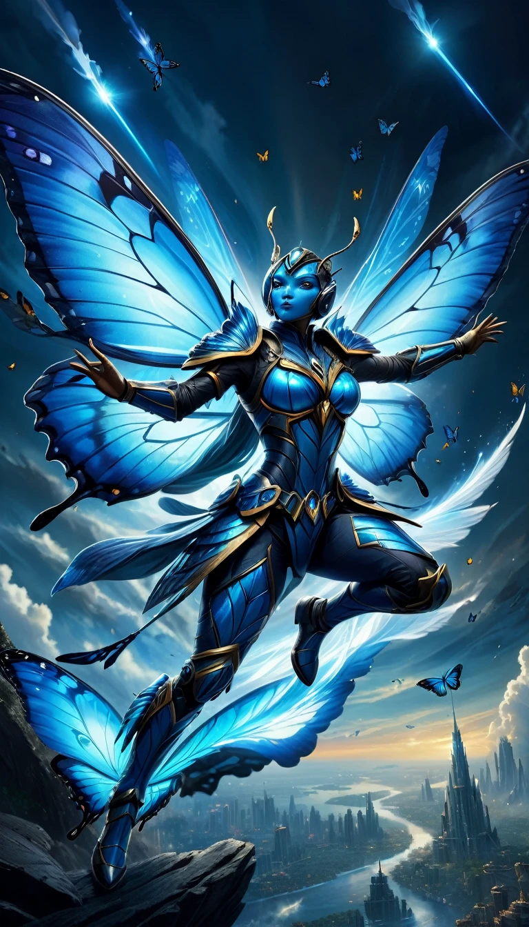 anthropomorphic blue butterfly,warrior,sword,fantasy art,(best quality,4k,8k,highres,masterpiece:1.2),ultra-detailed,(realistic,photorealistic,photo-realistic:1.37),illustration,ethereal,shiny armor,majestic wings,enchanted forest,lush greenery,vibrant colors,magic,divine light,dramatic pose,heroic stance,mystical background,mythical creatures,mythical landscape,otherworldly,beauty and strength,evocative,mythical realism,mythical symbolism,universe of dreams,hero's journey,defender of the land,magical realm,legendary,adventurous,celestial ambiance,heroic destiny,mythical powers,guardian of nature,eternal protector,transformational journey,fierce determination,shape-shifting abilities,unleash its full potential,legendary weapon,ferocity and grace,unparalleled skills,embodiment of courage,winged guardian,mythical conquest,mythical hero.