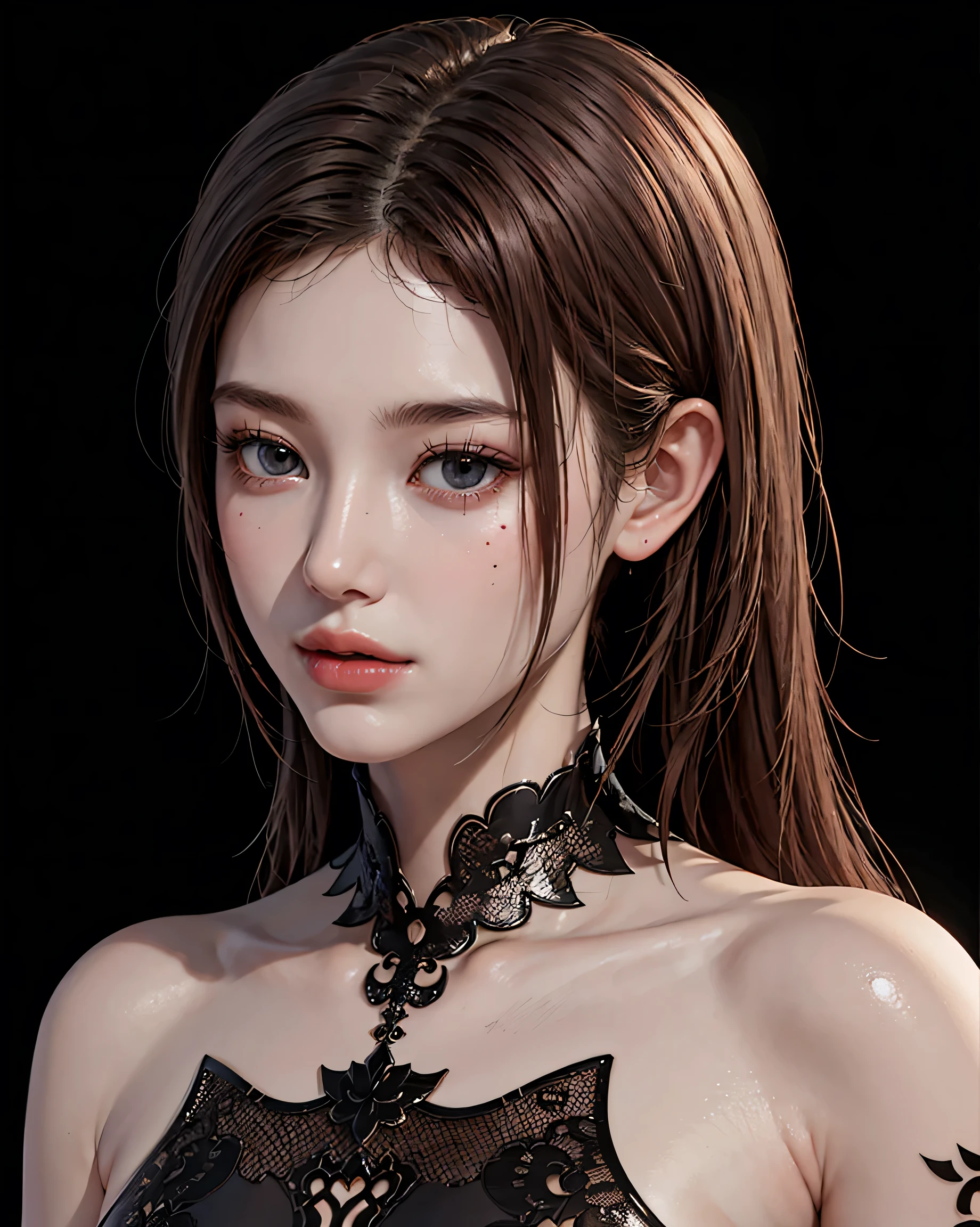 Game Art，CG Animation，Best image quality，Maximum resolution，8k，(Half-body photo)，(Portraiture)，(Head close-up)，(Three-part method)，Unreal Engine 5 rendering，20-year-old girl，((Queen))，The eyes are very detailed，(Large Breasts)，Elegant and noble，Cinema Lighting，Ray Tracing，Game CG，((3D Unreal Engine))，OC Rendering Reflection Mode，4K，Ultra Clear，Translucent lace，Fair skin and plump figure，Pretty face，Glossy gel coat，The Queen in a luxurious dress，Put your hands behind your back，Body Tattoo Designs，The tattoo is very delicate，Chest tattoo is Chinese(The Chinese write:：hell)，Hands on hips