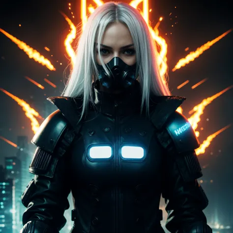 ((Realistisch, best quality, Meisterwerk: 1.3)),  cyberpunk woman with cyberpunk mask, cyber suit, close up face, white hair, ga...
