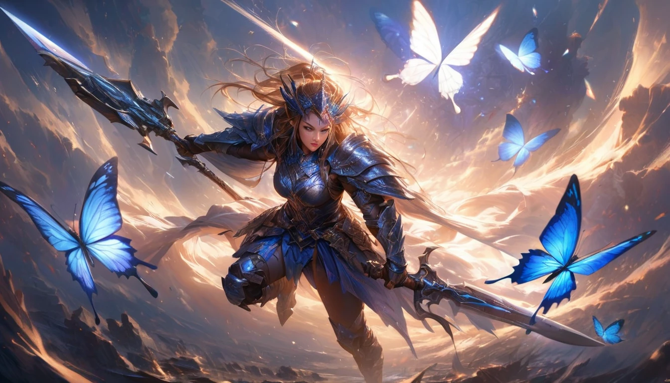 (best quality,ultra-detailed,realistic:1.37), anthropomorphic blue butterfly, fierce warrior, soaring through the sky, engaged in an epic air battle. beautiful blue butterfly wings. The scene is set amidst a mesmerizing lighting in the air, creating a dark fantasy ambiance. The artwork is depicted with sharp focus, allowing for intricate details to be highlighted, with vibrant colors that enhance the ethereal lighting.
