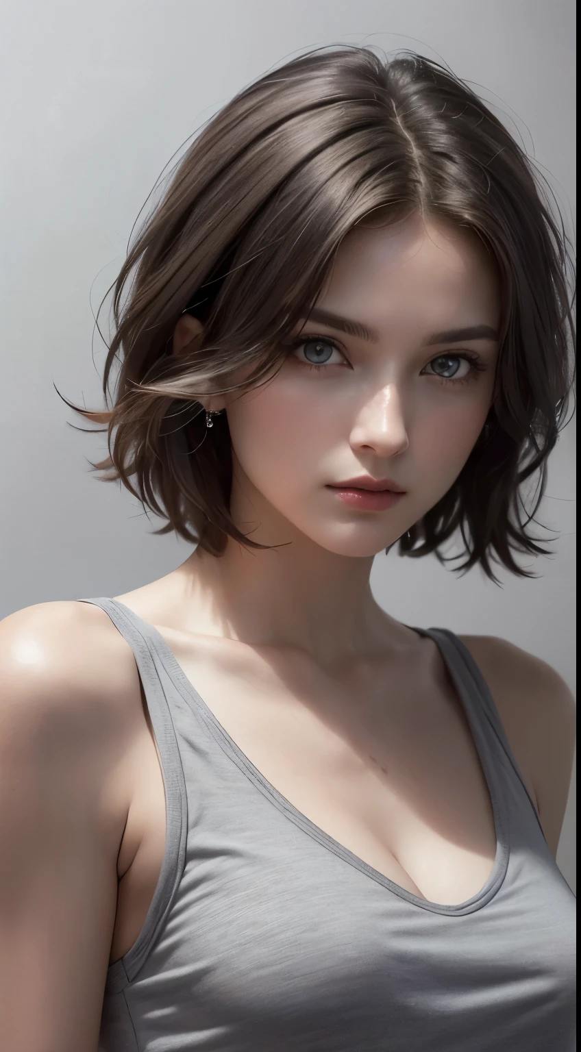 8K uhd、RAWphotograph、モデルphotograph撮影、 European race、(masterpiece、highest quality、Photorealistic、High resolution、photograph:1.3)、Close-up、Focusing、Hot Model、slim、30 year old mature woman、Small face、No makeup、Short Hair、Dark Brown Hair、Fine beautiful eyes、Realスキン、(perfect body)、Sexy hot face、Erotic、Sexual gaze、slim、Sweat top、Detailed beautiful eyes、Glossy lips、Small breasts、Small breasts、Bust B cup、((Bright light、Dynamic lighting、Real、超Real、 realism、Realなディテール、Cool beauty、Cool pose、Background gray、Plain grey background