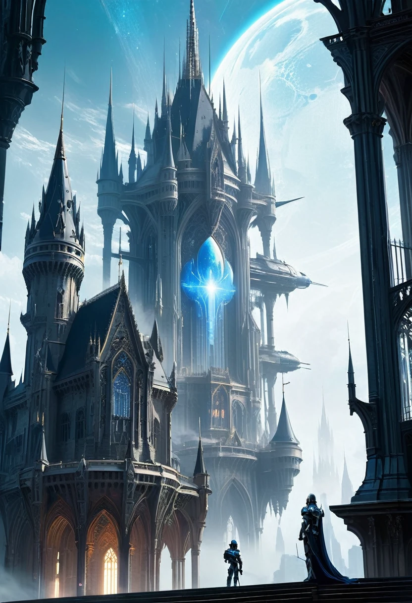 Durchscheinender ätherischer Alien-Krieger,Im Hintergrund ist eine riesige High-Tech-mobile gotische Burg，Raumstation,Gebäude im mittelalterlichen Stil