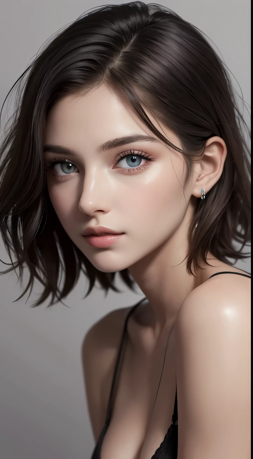 8K uhd、RAWphotograph、モデルphotograph撮影、 European race、(masterpiece、highest quality、Photorealistic、High resolution、photograph:1.3)、Close-up、Focusing、Hot Model、slim、30 year old mature woman、Small face、No makeup、Short Hair、Dark Brown Hair、Fine beautiful eyes、Realスキン、(perfect body)、Sexy hot face、Erotic、Sexual gaze、slim、Detailed beautiful eyes、Glossy lips、Small breasts、Small breasts、Bust B cup、Bright light、Real、超Real、 realism、Realなディテール、Cool beauty、Cool pose、Background gray、Plain grey background