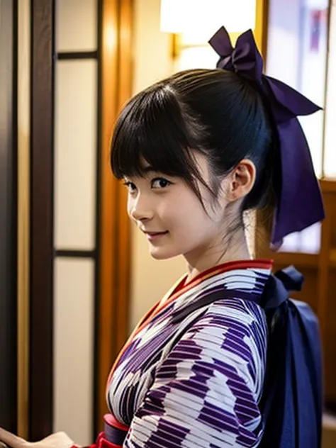 Ticker, One girl, alone, (yagasuri), kimono,  indoor, skirt, hakama, hakama skirt, Realistic, kimono, Black Hair, ponytail,  Hap...