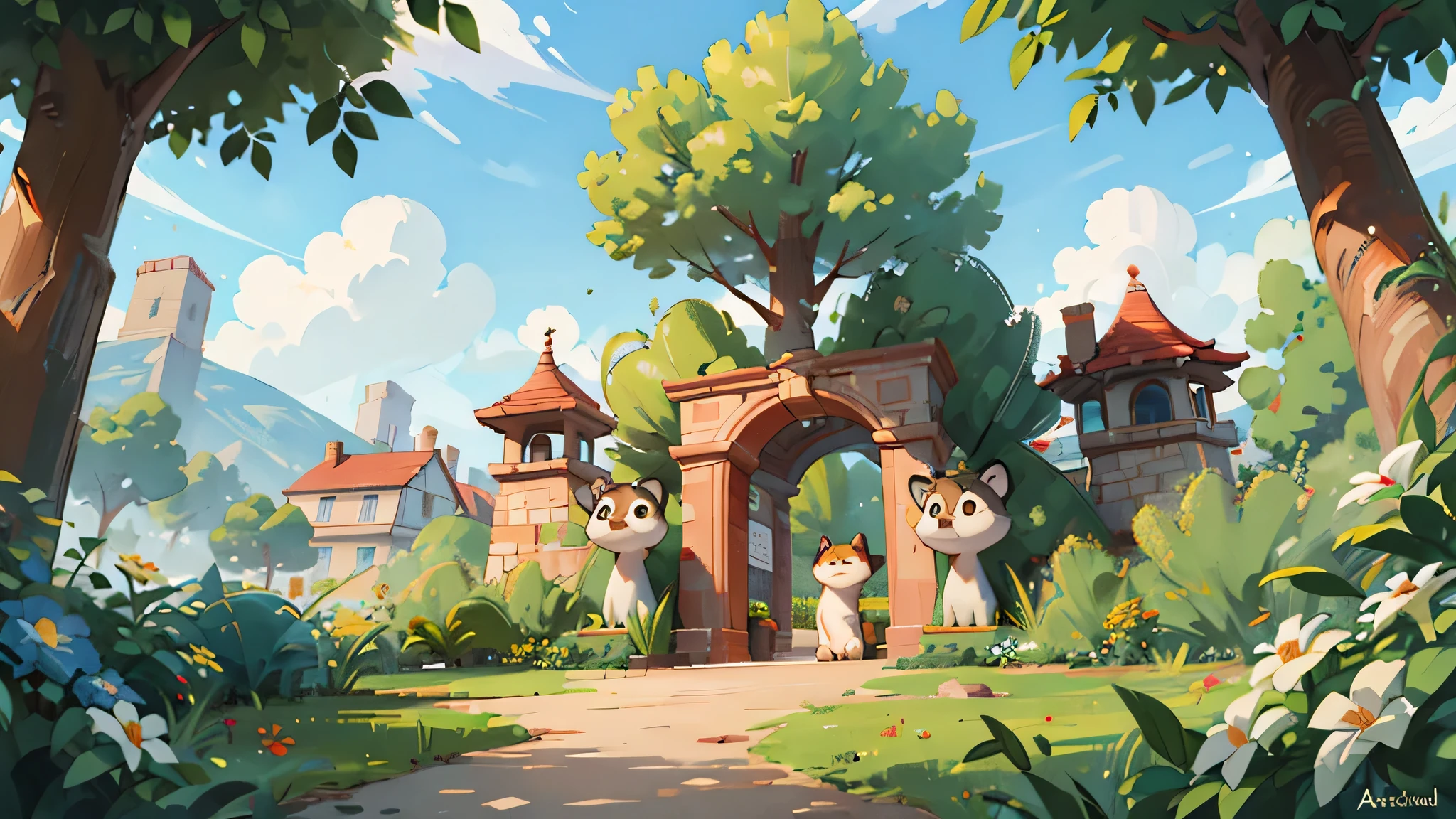 The archway of the town is very large and luxurious, with the words &quot;Share the Town&quot; written on it.，The town is very prosperous and beautiful with many trees and flowers.，Next to it is a tall and majestic lion guard that occupies one-third of the picture.
