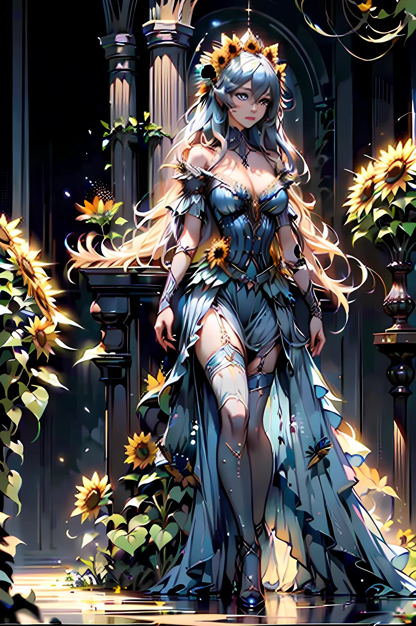 high details, best quality, 16k, RAW, [best detailed], masterpiece, best quality, (extremely detailed), GlowingRunes_paleblue, full body, ultra wide shot, photorealistic, fantasy art, RPG art, D&D art, a picture of a fairy selling flowers in a florist shop, extremely beautiful fairy, ultra feminine (intense details, Masterpiece, best quality), (Blue: 1.3) butterfly wings (intense details, Masterpiece, best quality), blue and white wings (intense details, Masterpiece, best quality),  azure hair, pixie cut hair, shinning hair, flowing hair, shy smile, innocent smile, blue eyes, wearing bright blue skirt, dynamic elegant shirt, chocker, wearing high heels, in flower shop (intense details, Masterpiece, best quality), extreme many (sunflowers: 1.3) (intense details, Masterpiece, best quality), sunflower shop in a modern era street, High Detail, Ultra High Quality, High Resolution, 16K Resolution, Ultra HD Pictures, Ultra Realistic, Clear Details, Realistic Detail, Ultra High Definition