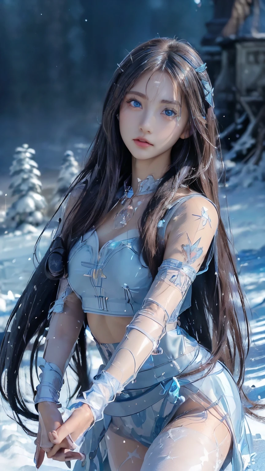 (logo, masterpiece, 8k, Tabletop, RAW Photos, wonderful, 最high quality, Photorealistic and hVery detailed CG integrated 8k wallpaper, high quality, Very detailed, Narrative poem, Particle Effects, Dynamic Effects, Written boundary depth, Cinematic Light, Lens flare, Ray Tracing)), Fantasy, ((One beautiful woman, Clear blue eyes, 赤いLong Hair, Beautiful Face, True Face, Beautiful fine details, Beautiful Skin, Graceful dancing woman:1.7, Graceful dancing woman:1.7)), Long red hair fluttering in the wind, Long red hair bouncing, Long red hair dancing in the wind, Hair bounces, Halter neck,  red leather pants, Red leather jacket, Silver earrings, ((night, Wind, darkness, full moon, Night Sky, Snow and Frost, A very cold winter day, Snow Capped Mountainや森, Frost, Snow Capped Mountain々, Frost covered tree々The beauty and brilliance of, The tranquility and beauty of a world of ice and snow)), Hip Up, Beautiful Eyes, Long Hair, Ring-shaped eyes, jewelry