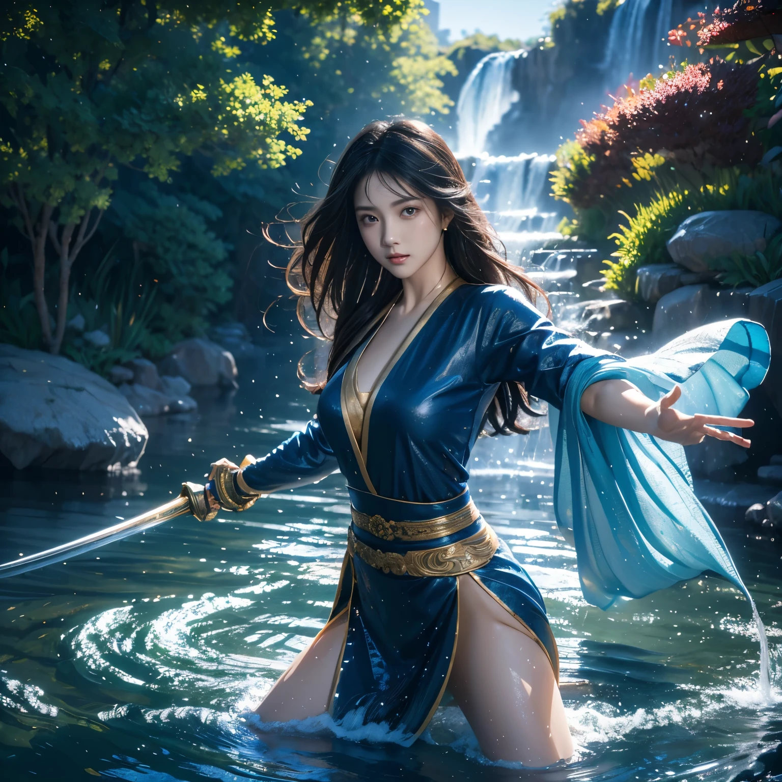 (Extremely detailed CG Unity 8K wallpaper,masterpiece, best quality, Super detailed),(incredible lighting, Dynamic camera angles),Water sword, blue water splash,stream, flowing water, Beautiful girl with long black hair, Elegant martial arts dress,watercolor, 70s retro filter.